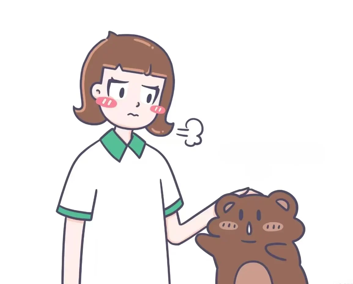 Illustration of a frustrated girl with short brown hair and rosy cheeks, wearing a white shirt with green collar, standing beside a small cute bear, showing an expression of displeasure as indicated by a puff of smoke next to her face.