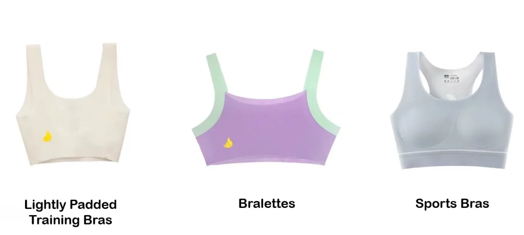 Three types of bras displayed: a lightly padded training bra, a bralette, and a sports bra.