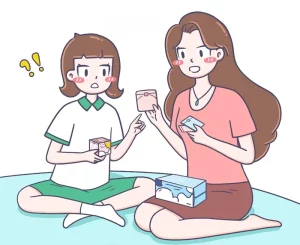Mom and daughter discussing sanitary napkins