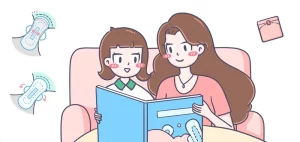 Mother and daughter reading a book on feminine hygiene products while seated on a sofa