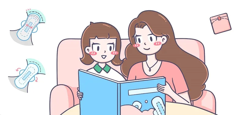 Mother and daughter reading a book on feminine hygiene products while seated on a sofa
