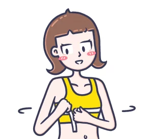 Illustrated image of a female athlete with short brown hair wearing a yellow sports bra, using a measuring tape around her chest area.