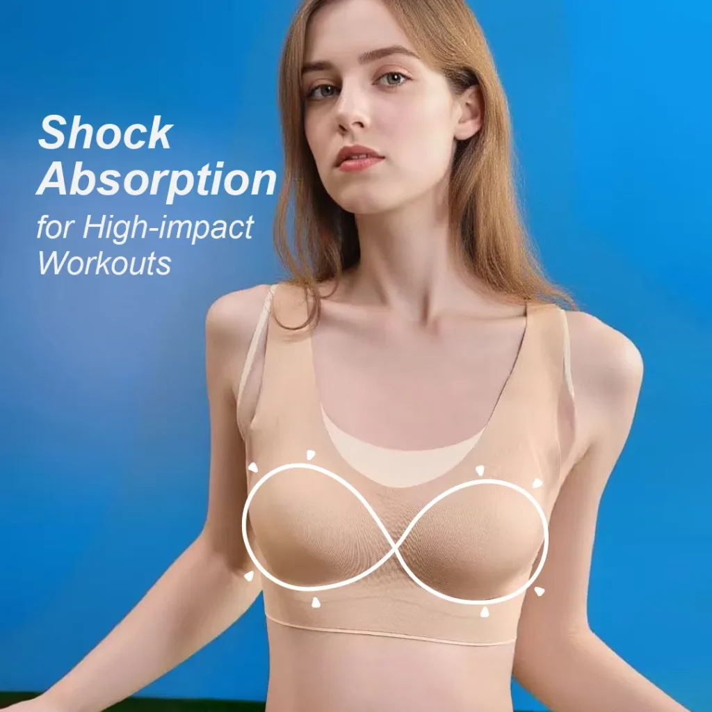 Teen high‑impact sports bra on model showing full‑coverage shock‑absorbing cups for running and jumping, nude Volcanica Bra front view