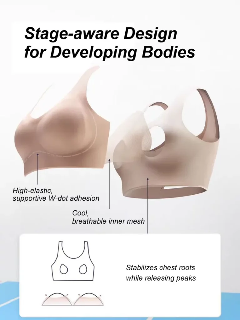 Close‑up of stage‑aware Volcanica teen sports bra with breathable mesh and W‑dot adhesion, designed for developing bodies