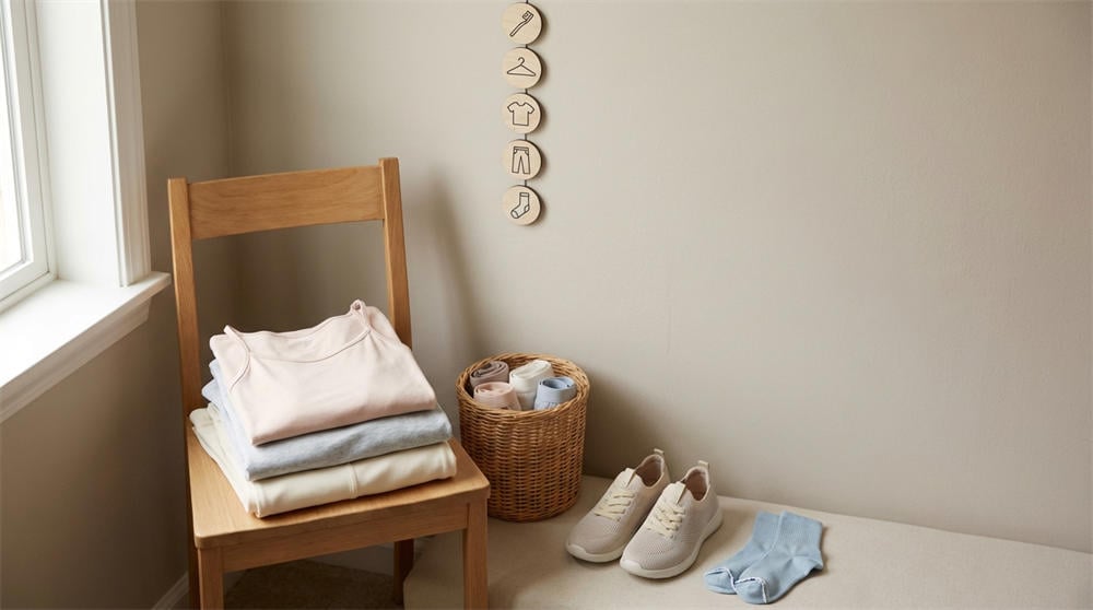 Neat stack of soft clothes on a chair in a sunlit room