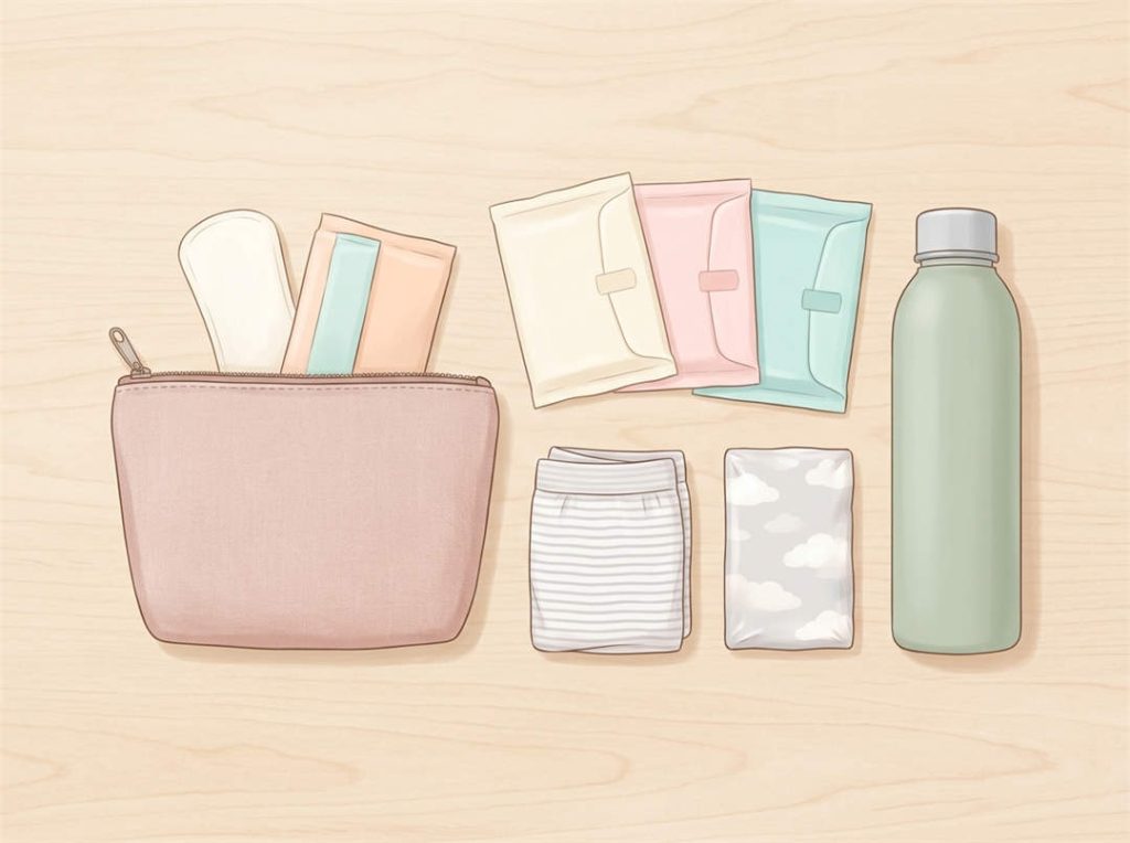 Simple first period kit for a tween girl, including pads, a small pouch, spare underwear, tissues, and a water bottle.