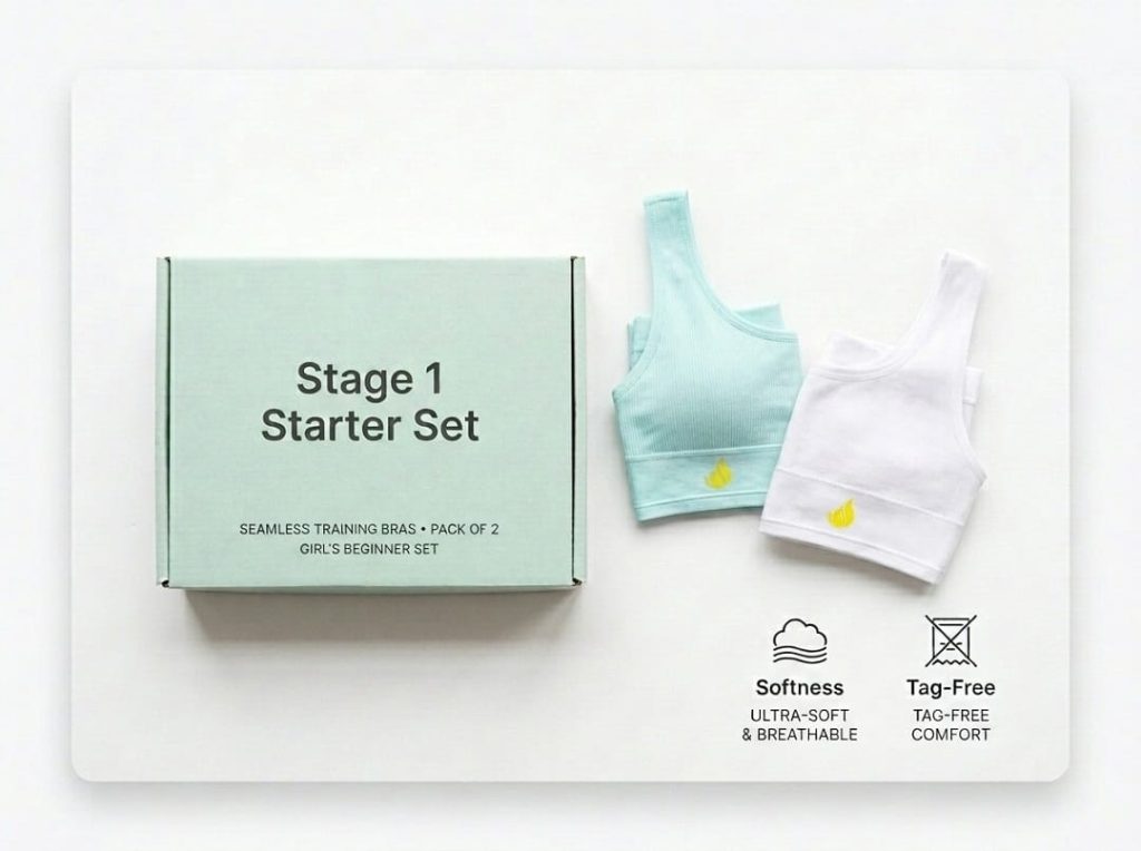 Stage 1 Starter Set product card with blue and white seamless, non-molded training bras on a clean white background.