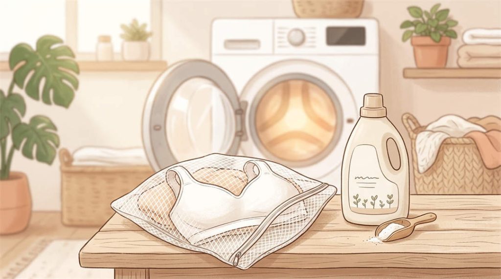 Training bra inside a mesh laundry bag next to gentle detergent, showing easy bra care for tweens.