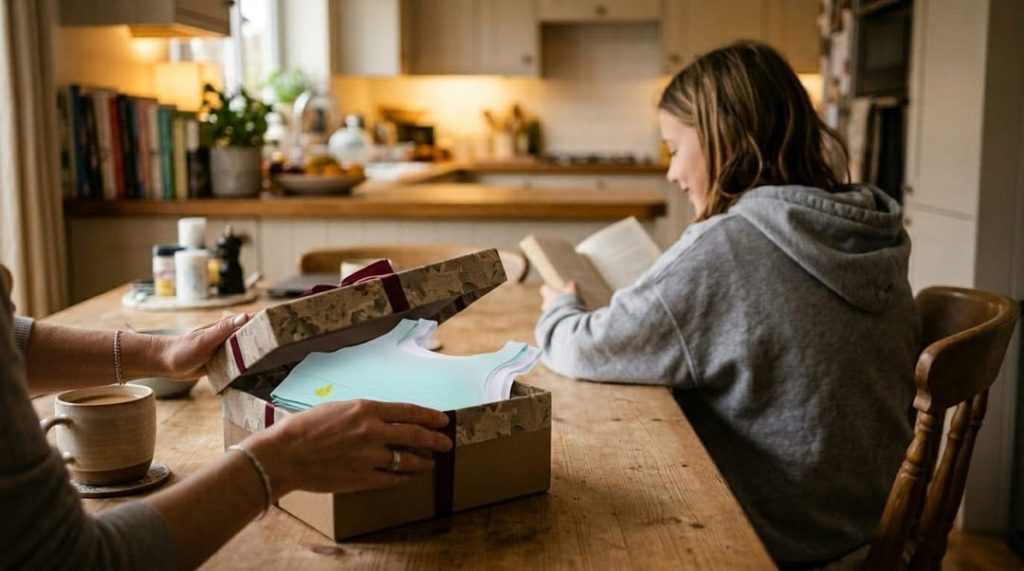 A mom closes a gift box with blue and white starter training bras inside while a tween smiles in the background, seen from behind.