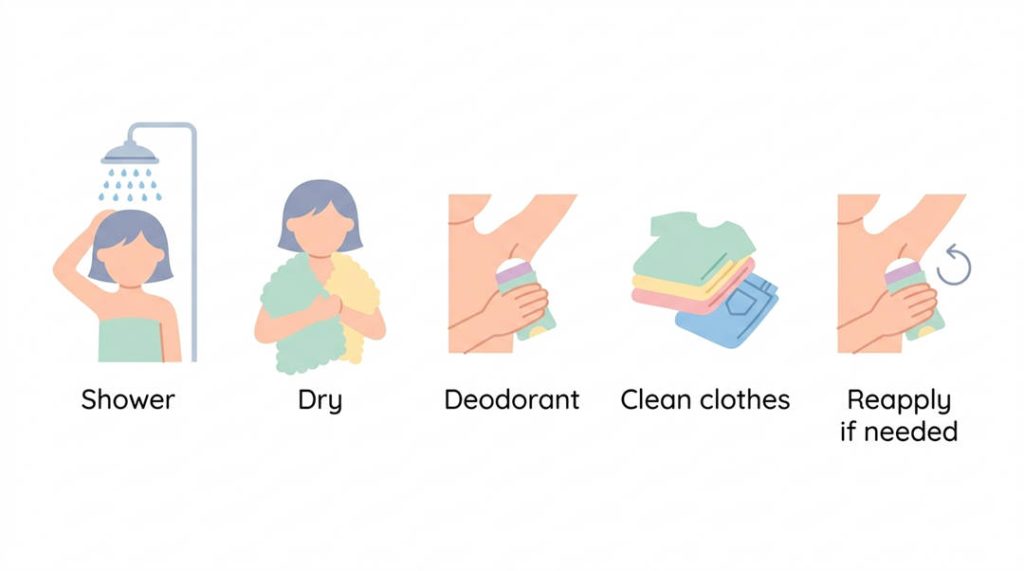 Simple 5-step shower routine for tweens: shower, dry, deodorant, clean clothes, reapply if needed
