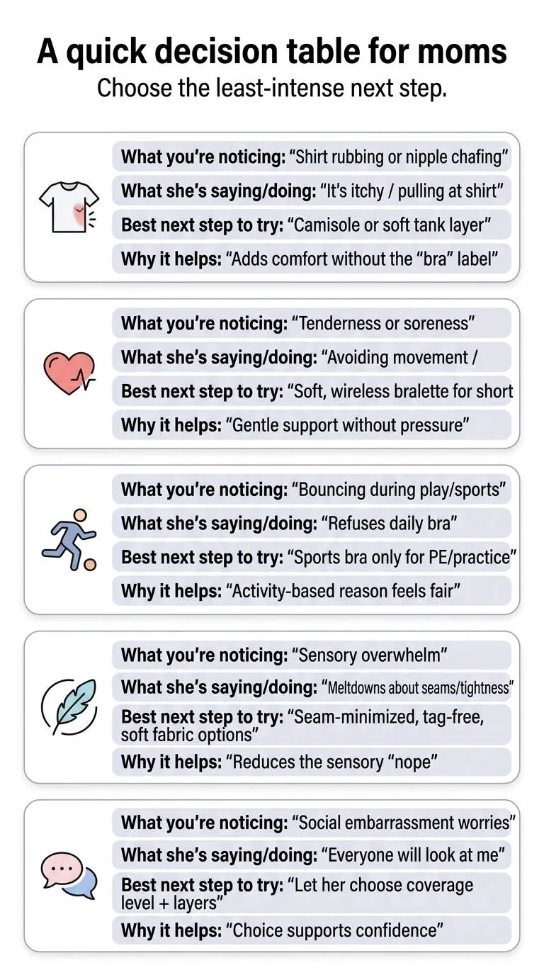 Mobile-friendly infographic titled “A quick decision table for moms” with the subtitle “Choose the least-intense next step.” It presents five card-style rows with small icons, mapping common situations to a comfort-first response: (1) shirt rubbing or nipple chafing → “It’s itchy / pulling at shirt” → try a camisole or soft tank layer → adds comfort without the “bra” label; (2) tenderness or soreness → avoiding movement / cranky after activity → soft wireless bralette for short periods → gentle support without pressure; (3) bouncing during play/sports → refuses daily bra → sports bra only for PE/practice → activity-based reason feels fair; (4) sensory overwhelm → meltdowns about seams/tightness → seam-minimized, tag-free, soft fabric options → reduces the sensory “nope”; (5) social embarrassment worries → “Everyone will look at me” → let her choose coverage level + layers → choice supports confidence.