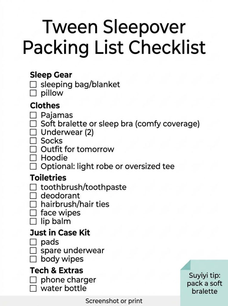 Tween Sleepover Packing List Checklist