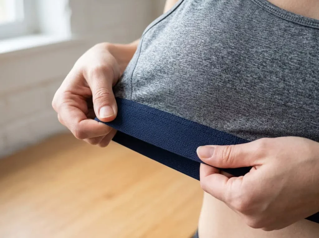 Close-up of hands gently stretching a sports bra band to check if it snaps back.