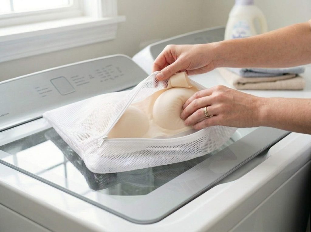 Hands place a teen molded-cup bra into a zippered mesh delicates laundry bag on a modern washing machine to prevent snagging.