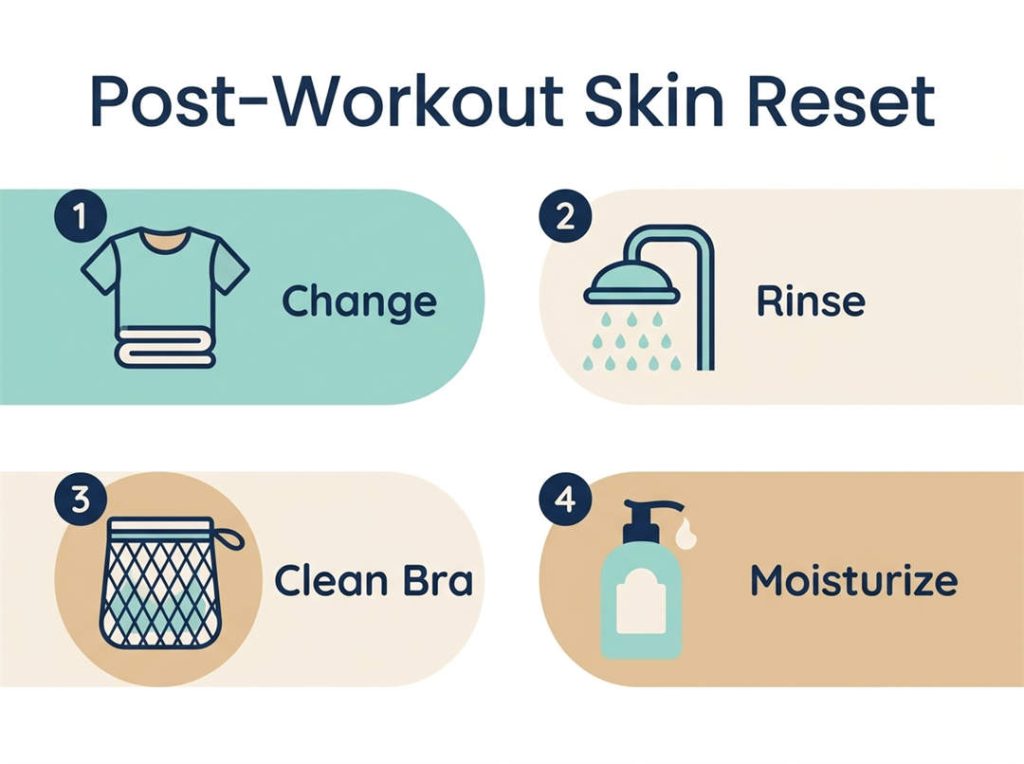Post-Workout Skin Reset checklist with four steps: Change, Rinse, Clean Bra, and Moisturize.