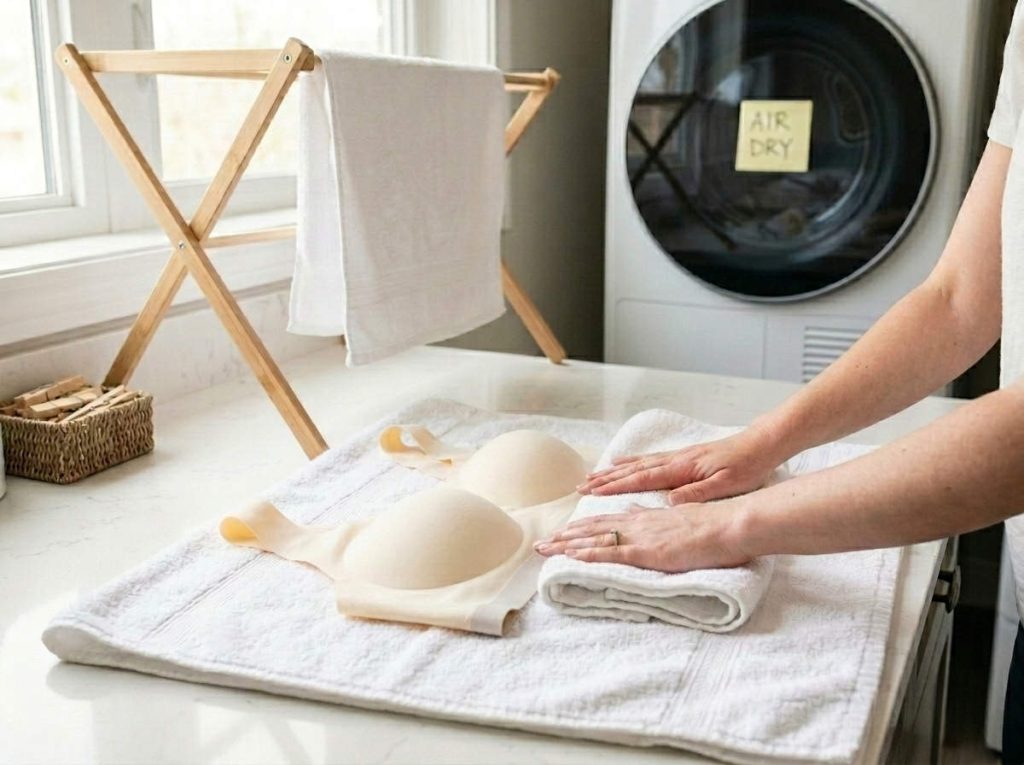 Hands press a teen molded-cup bra flat inside a towel to remove water, with a drying rack ready for air drying and a reminder not to use the dryer.