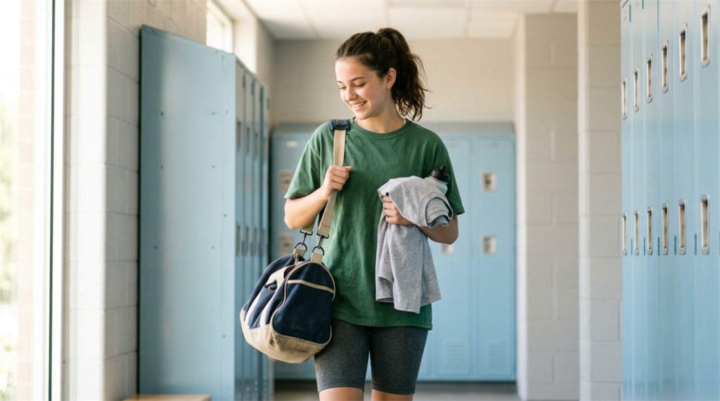 Teen athlete holding a gym bag and a clean shirt, about to change out of sweaty workout clothes after practice.