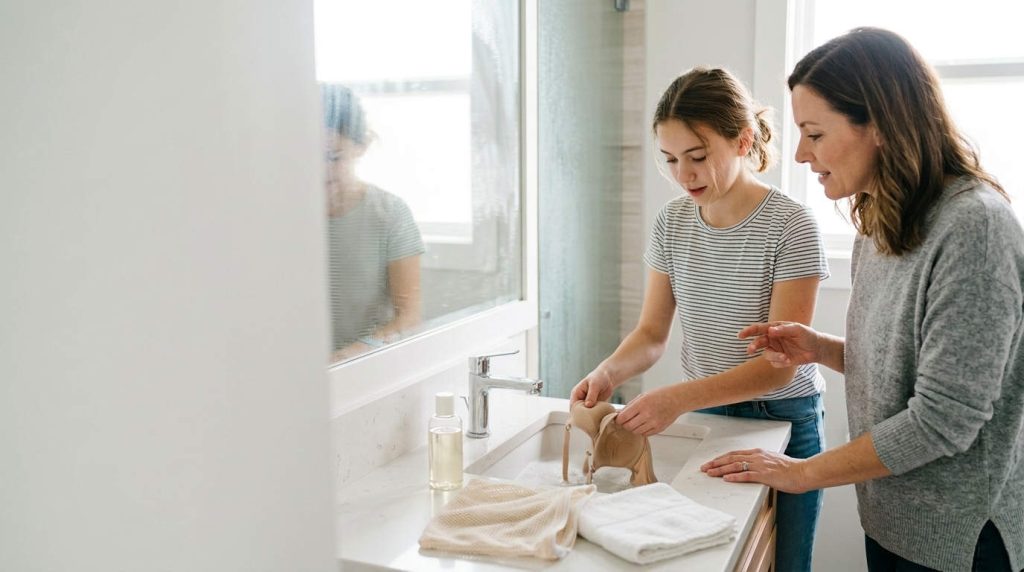 Mom coaches her teen as she hand-washes a teen molded-cup bra in a bathroom sink with gentle soap, a mesh delicates bag, and a towel nearby.