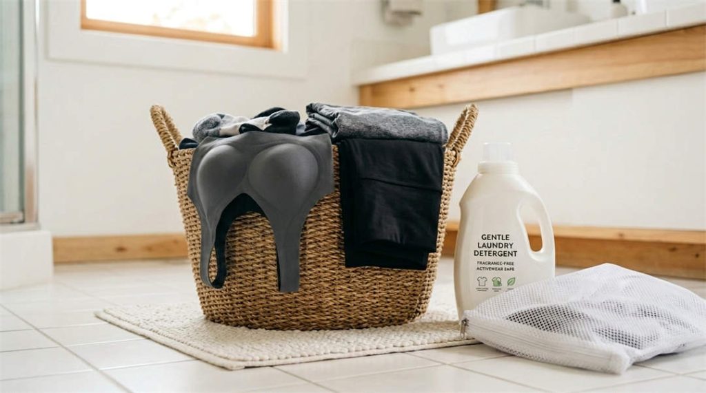 Laundry basket with workout clothes, a grey training bra, a mesh wash bag, and gentle detergent for washing sports bras after exercise.