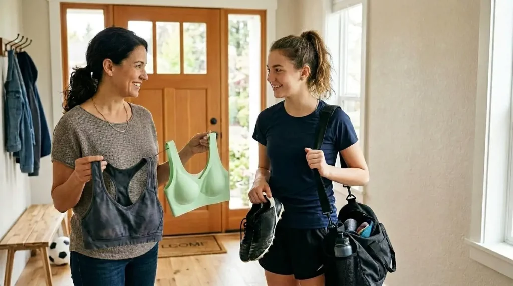 A mom compares an older stretched sports bra with a Suyiyi Volcanica Bra beside soccer cleats, while her teen gets ready for spring practice.