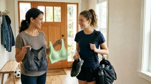 A mom compares an older stretched sports bra with a Suyiyi Volcanica Bra beside soccer cleats, while her teen gets ready for spring practice.