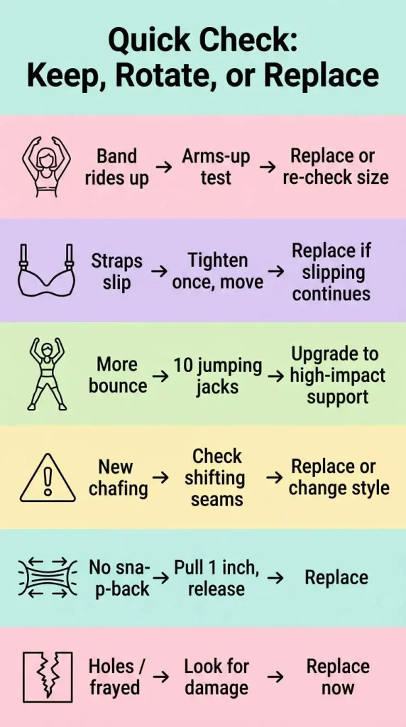 Mobile infographic titled “Quick Check: Keep, Rotate, or Replace” showing six worn-out sports bra signs, a quick test for each, and what to do next.