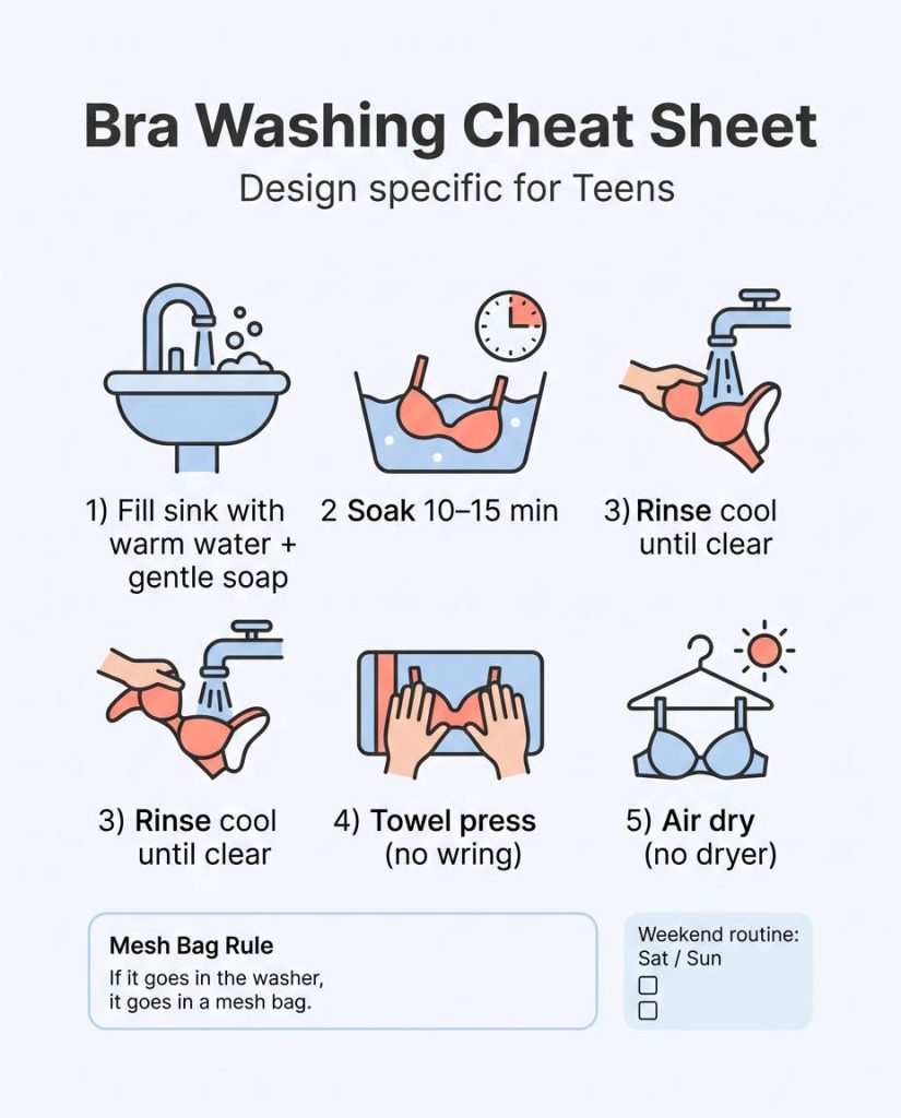 Printable bra-washing cheat sheet with five steps (soak, rinse, towel press, air dry) plus the mesh bag rule and a weekend routine checklist.