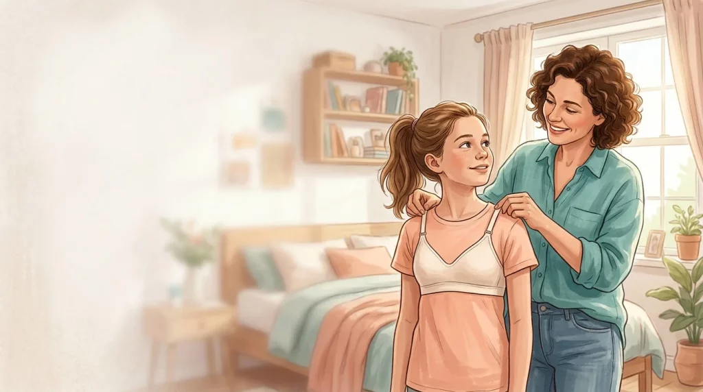 Mom helping her tween daughter adjust a comfortable bra band over a T-shirt so it doesn’t squeeze her ribs.