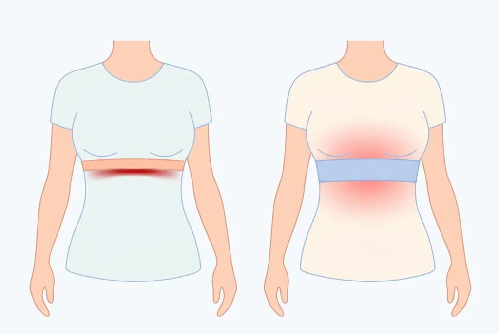 Illustration comparing a narrow bra band with strong pressure on ribs versus a wide band that spreads pressure for comfort.