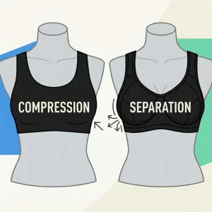 Simple side-by-side drawing showing a compression sports bra that presses the chest into one smooth shape, next to a separation (encapsulation) sports bra with two shaped cups that keep definition.