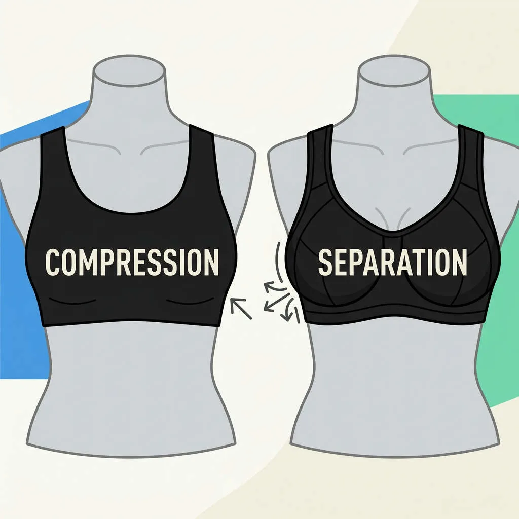 Simple side-by-side drawing showing a compression sports bra that presses the chest into one smooth shape, next to a separation (encapsulation) sports bra with two shaped cups that keep definition.