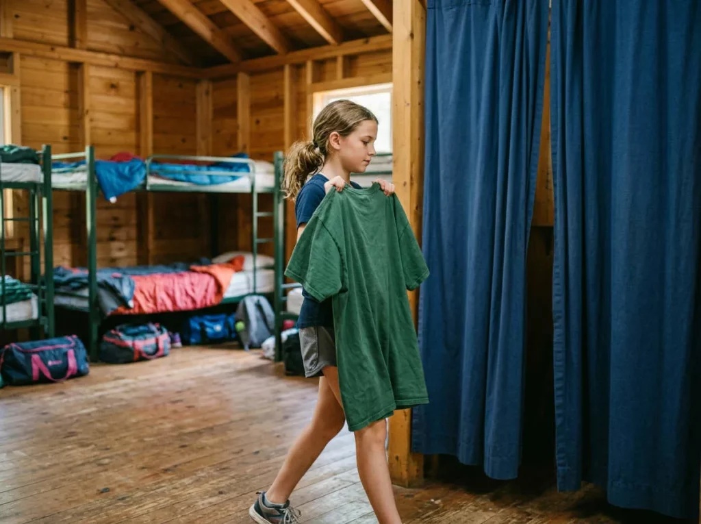 Tween camper in a cabin using a big t-shirt or robe for privacy while heading to change.