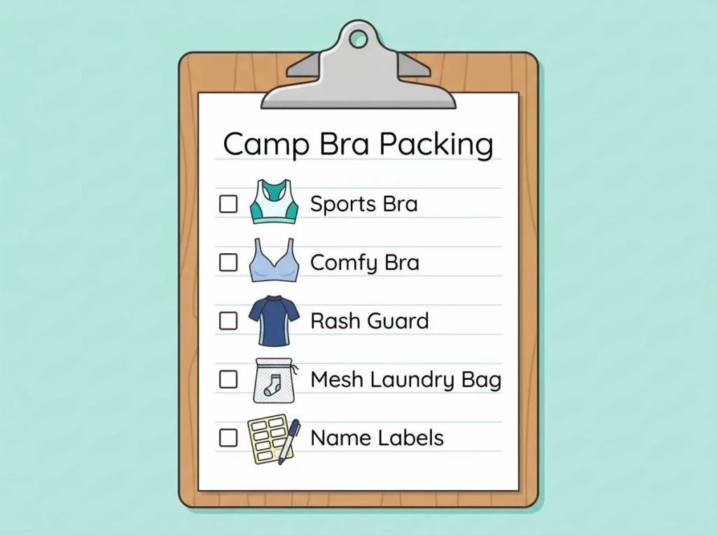 Camp bra packing list showing sports bra, comfy bra, rash guard, mesh laundry bag, and name labels.