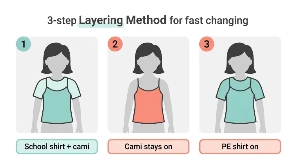 Three-step cami layering diagram showing school shirt over cami, cami stays on, then PE shirt over cami for faster changing.