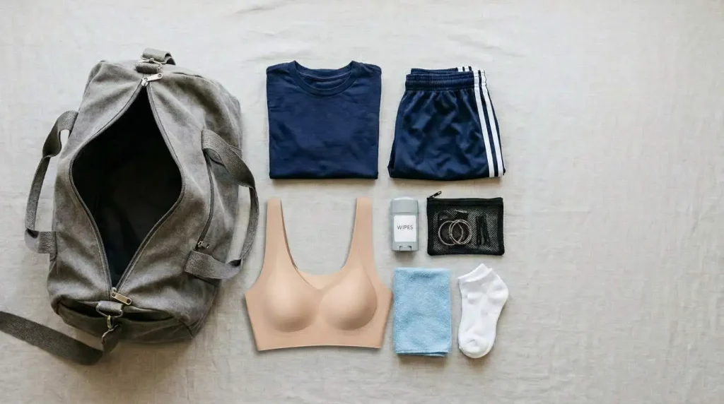Open middle school gym bag flat lay with PE outfit bundle, cami layer, Suyiyi Volcanica Bra style sports bra, wipes, deodorant, hair ties, microfiber towel, and socks arranged neatly.