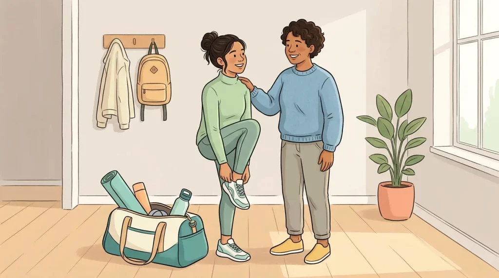 A supportive mom and older teen getting ready for sports, feeling confident and comfortable in a modest athletic outfit.