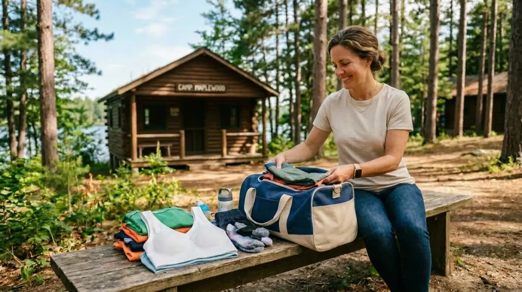 Mom packing a duffel for summer camp with folded athletic clothes and youth sports bras, with a cabin and pine trees in the background.