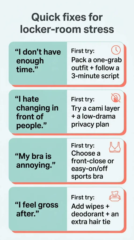 infographic titled “Quick fixes for locker-room stress,” matching common worries to first-step solutions: time pressure, privacy, bra discomfort, and feeling sweaty after class.