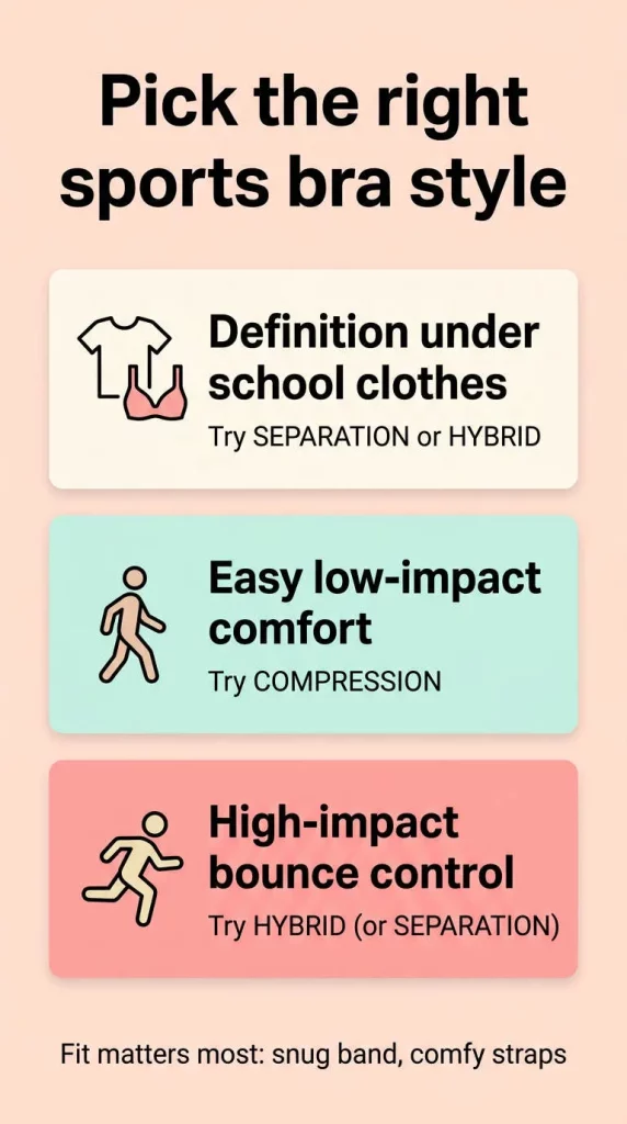 infographic with three quick picks: for definition under school clothes choose separation or hybrid; for easy low-impact comfort choose compression; for high-impact bounce control choose hybrid or separation; plus a reminder that fit matters most.