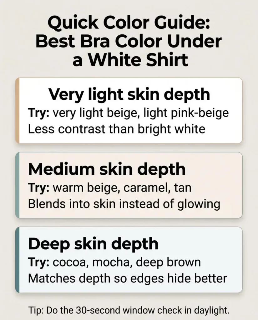 infographic showing bra color suggestions by skin depth (very light, medium, deep) and why lower contrast helps under white shirts.
