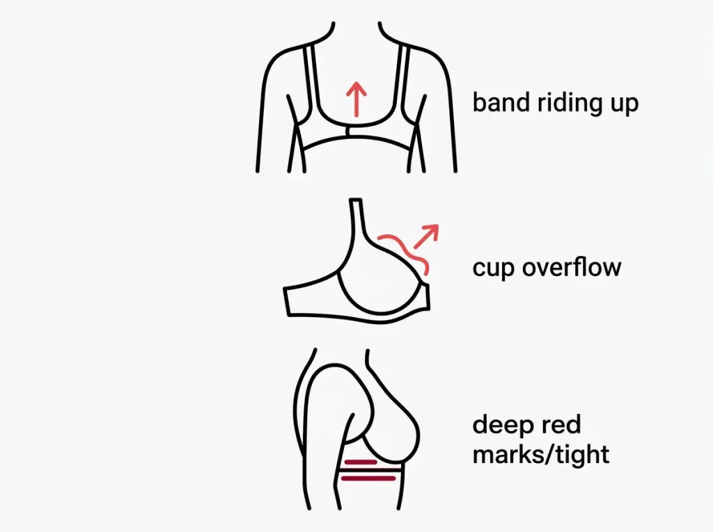 Simple icon diagram of three fit problems: a band riding up, cup overflow, and red marks from a tight band.