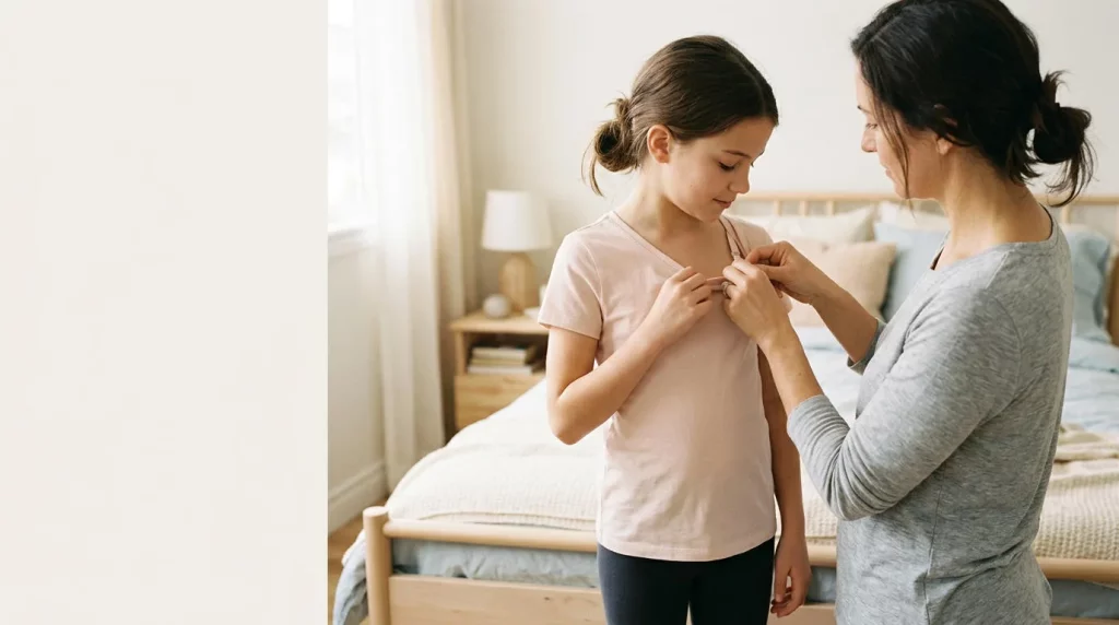 Mom helping daughter adjust training bra straps so they stay comfortable