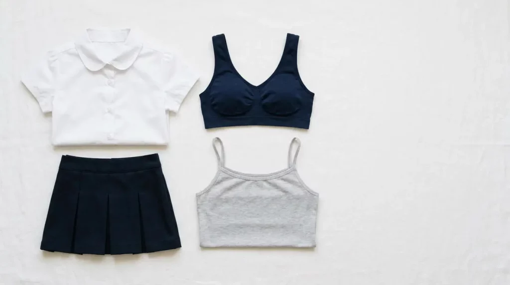 Flat lay of a school uniform next to a seamless training bra and soft camisole layer, showing a comfort-first approach to uniforms.