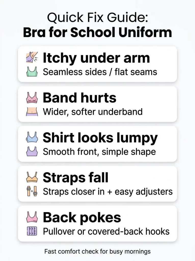 Quick Fix Guide for bra for school uniform, matching common complaints to easy comfort fixes.