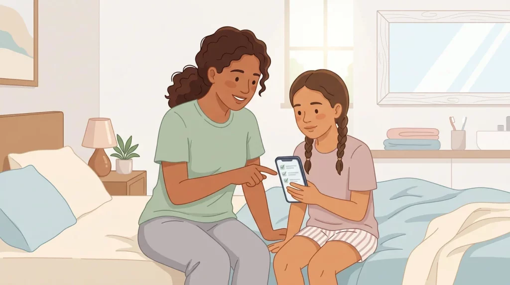 A mom and her tween look at a simple fit-check list together, keeping the mood calm and supportive