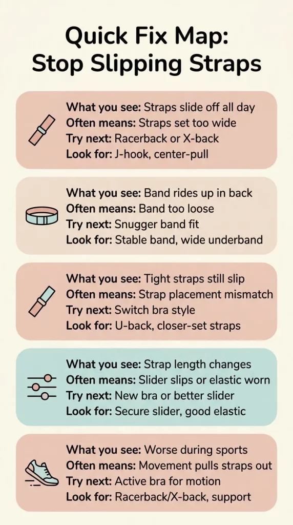 infographic showing quick fixes for slipping bra straps, including racerback straps, snug band fit, secure sliders, and active bras