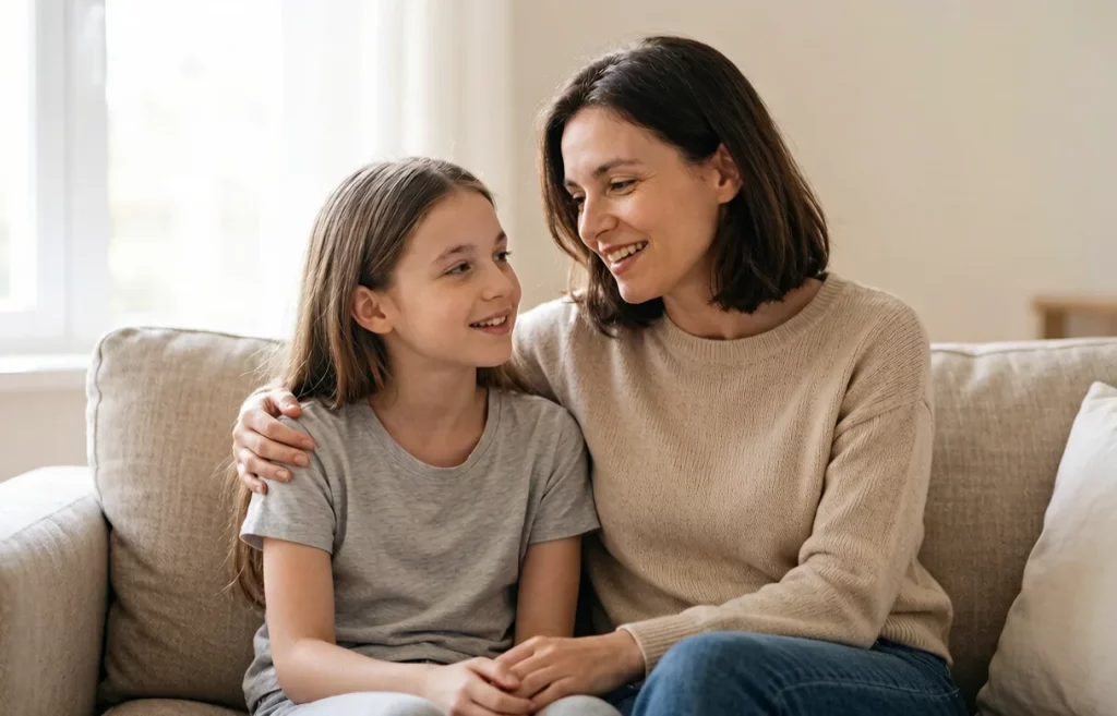 A mom and her tween daughter sit together on a couch, talking and smiling in warm natural light