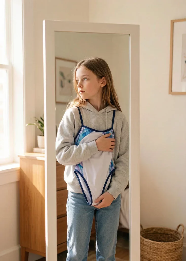 A tween girl looking at her reflection thoughtfully in a full-length mirror while holding a swimsuit against her body