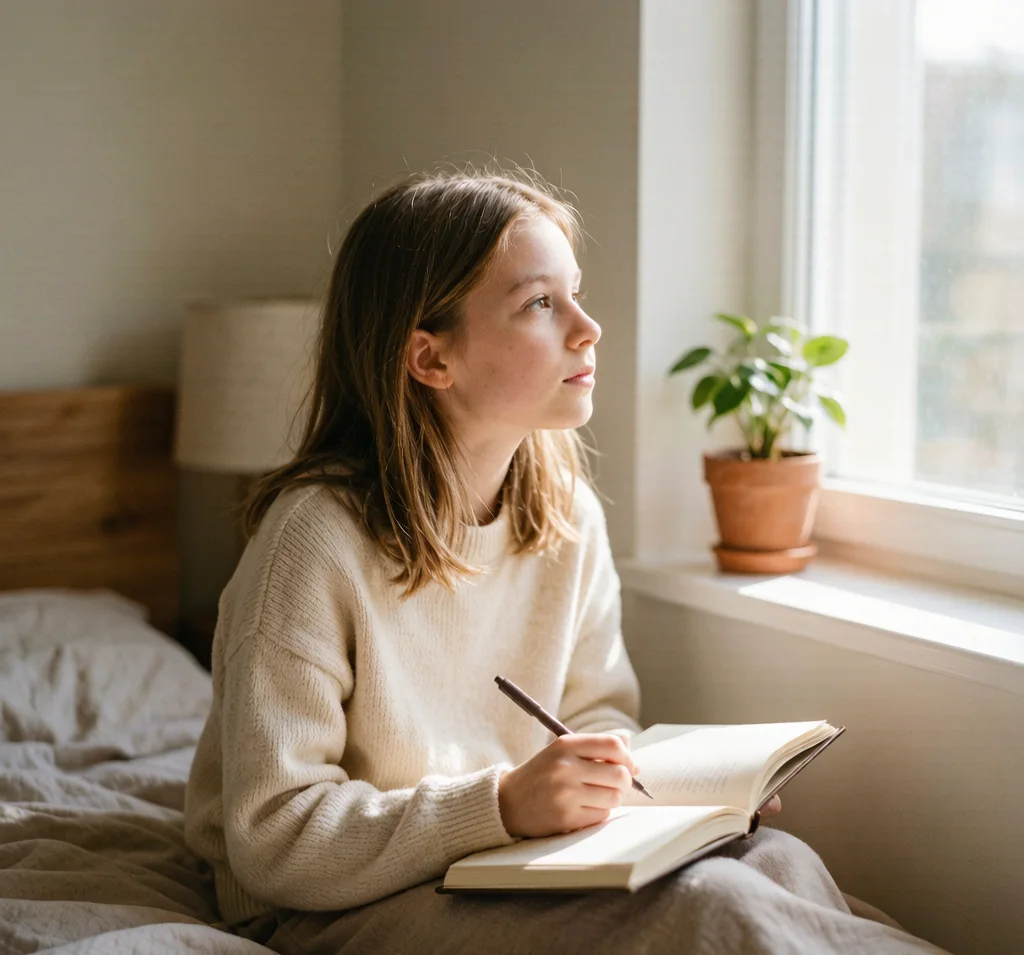 A tween girl sits by a sunny window writing in her journal, looking calm and thoughtful