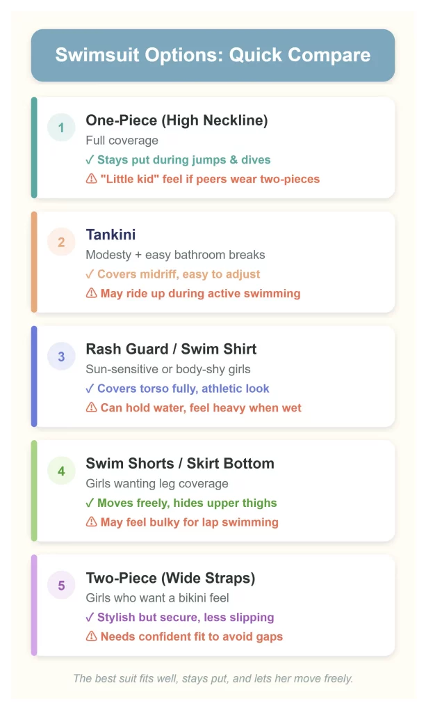 Infographic comparing five tween swimsuit styles—one-piece, tankini, rash guard, swim shorts, and two-piece—showing best-for, confidence features, and watch-outs